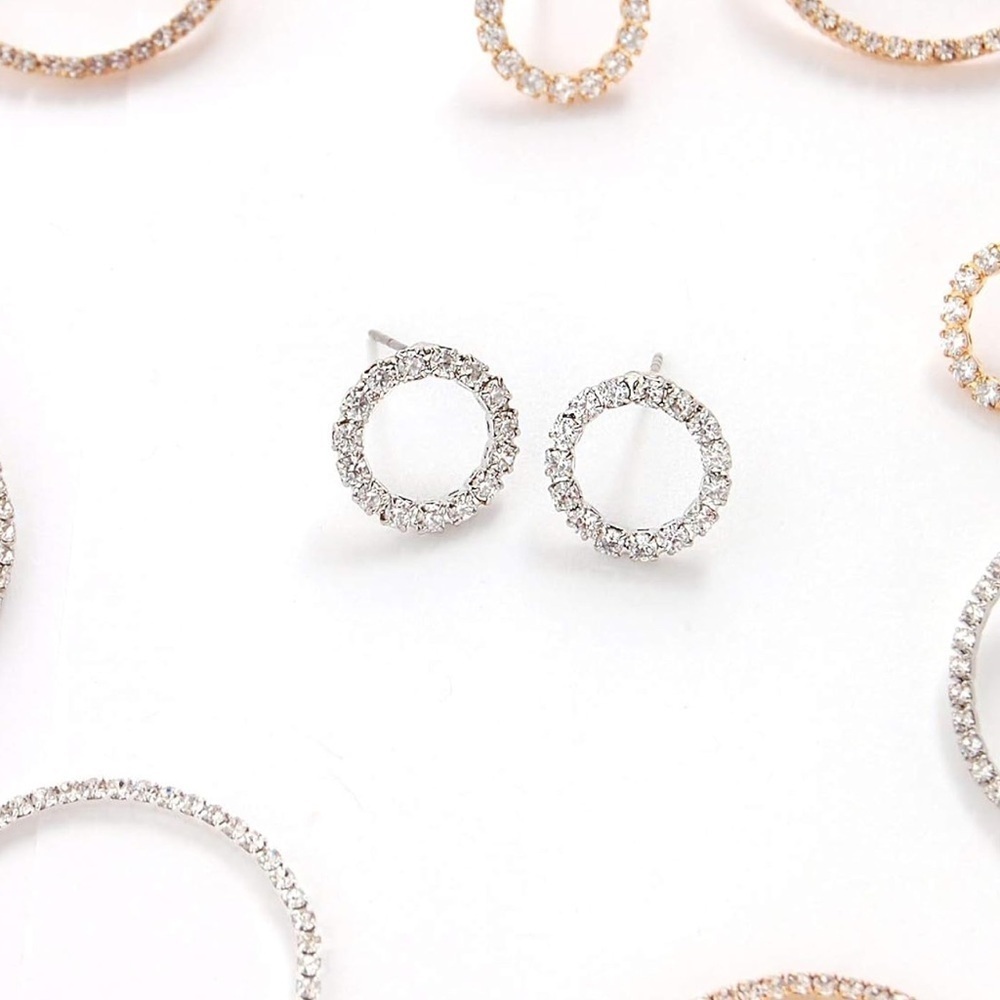 Solid Silver Circle Stud Earrings | Swarovski Inspired Jewelry - Picture 2 of 5